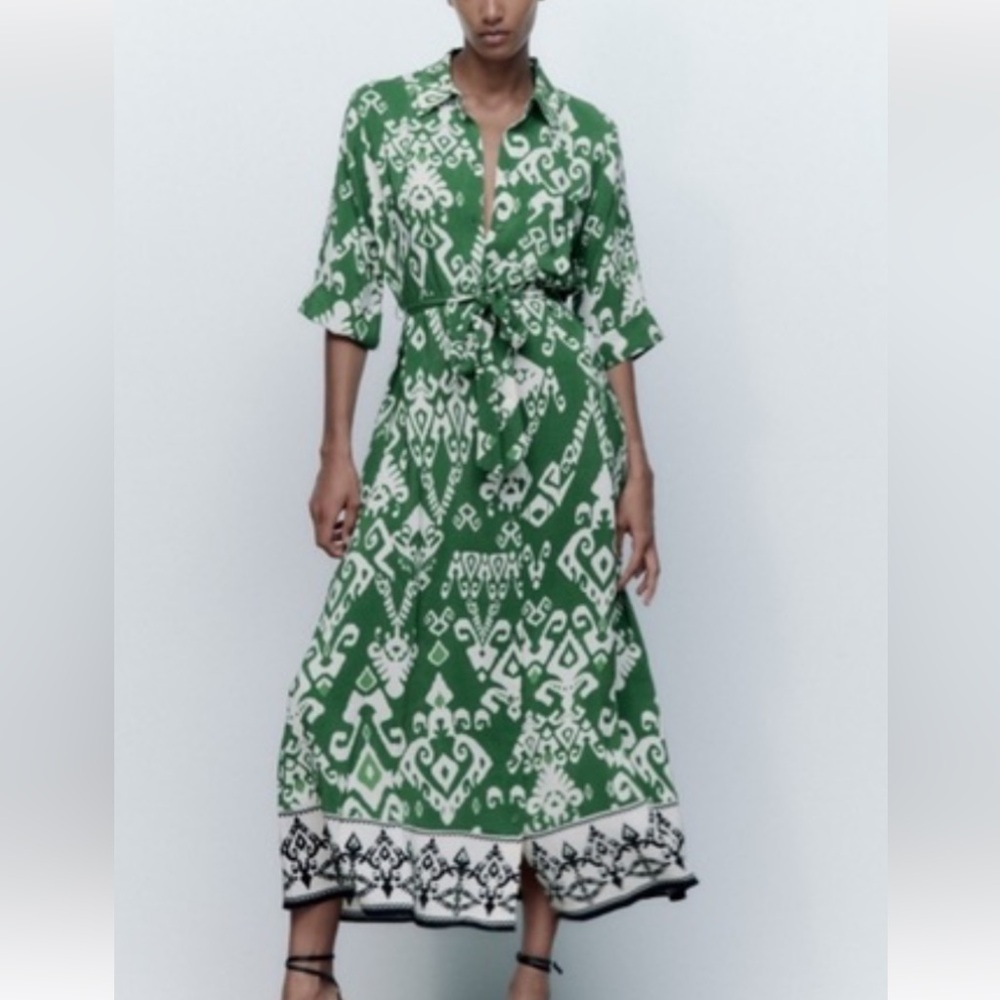 Zara Green and White Patterned Dress
